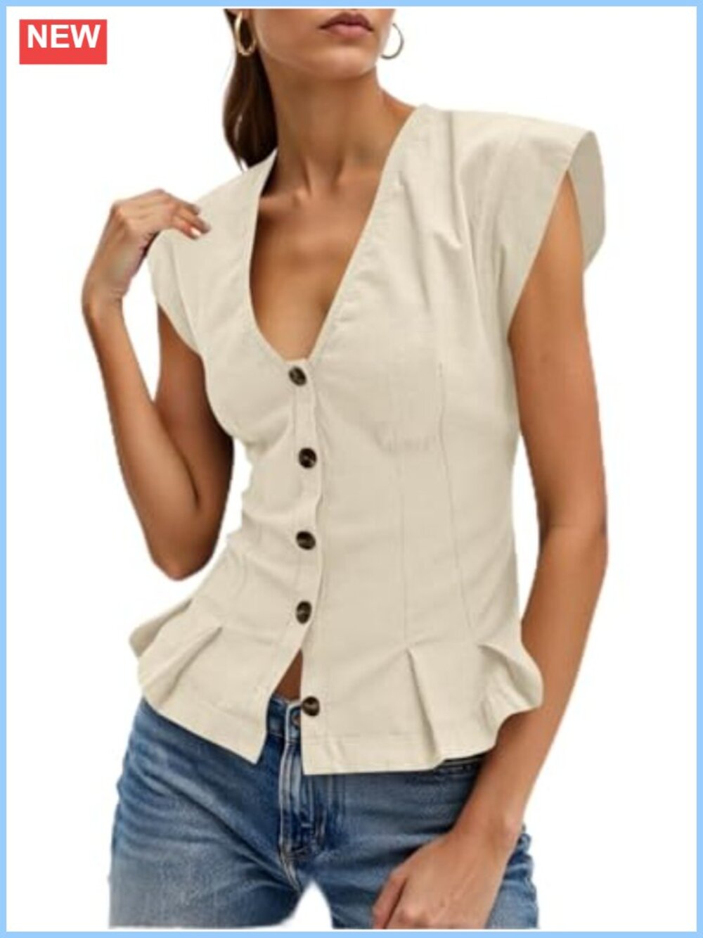 Womens V Neck Ruffle Crop Blouse Button Up Cotton Top